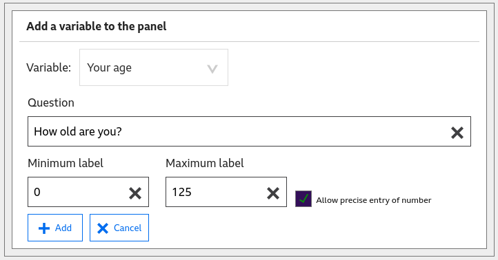 Default settings for a range variable, but with the precise entry option selected.