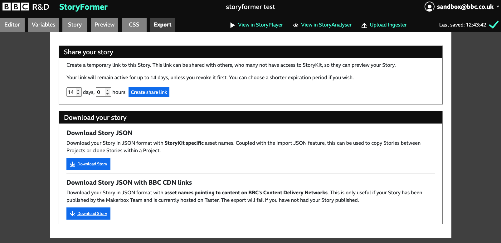 Options for exporting your Story for playback inside Storyformer