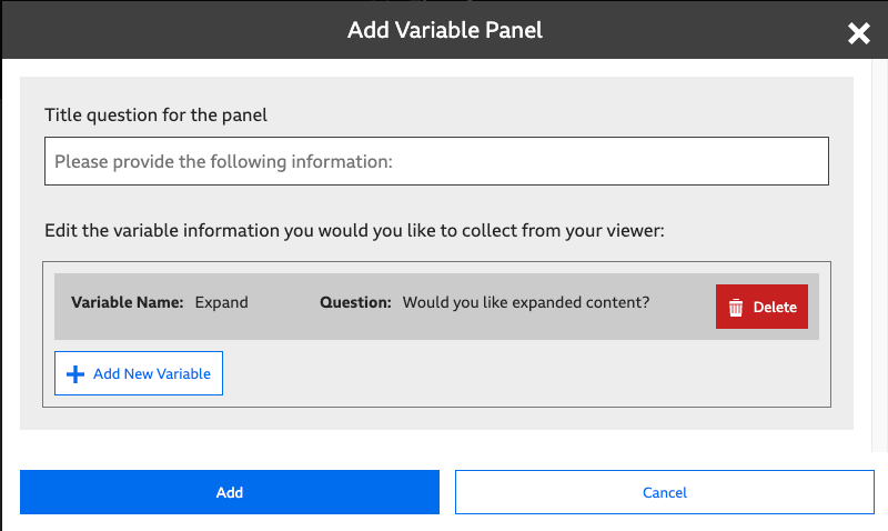 The Add Variable Panel Popup after a single Variable has been added